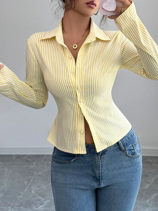 Striped Button-Up Long Sleeve Shirt - Tigbul's Variety Fashion Shop