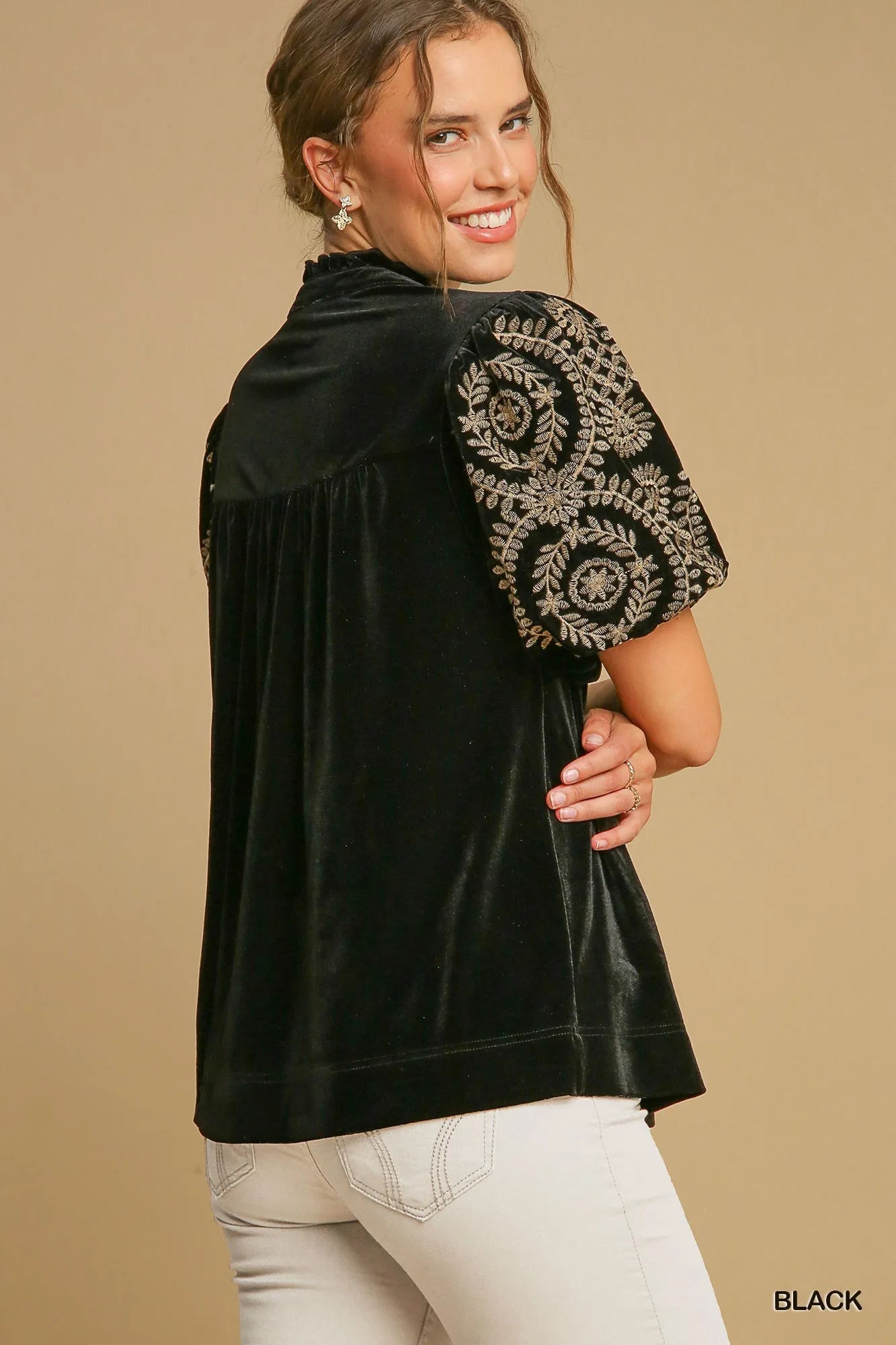 Umgee Full Size Velvet Embroidered Sleeve Blouse Plus Size - Tigbul's Variety Fashion Shop