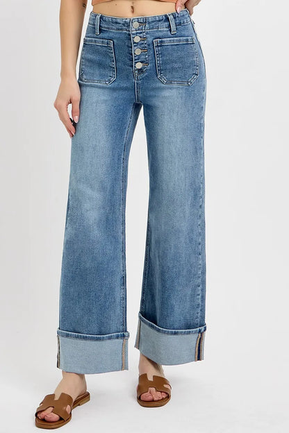RISEN High Rise Ankle Wide Button Patch Pocket Cuffed Jeans - Tigbul's Variety Fashion Shop