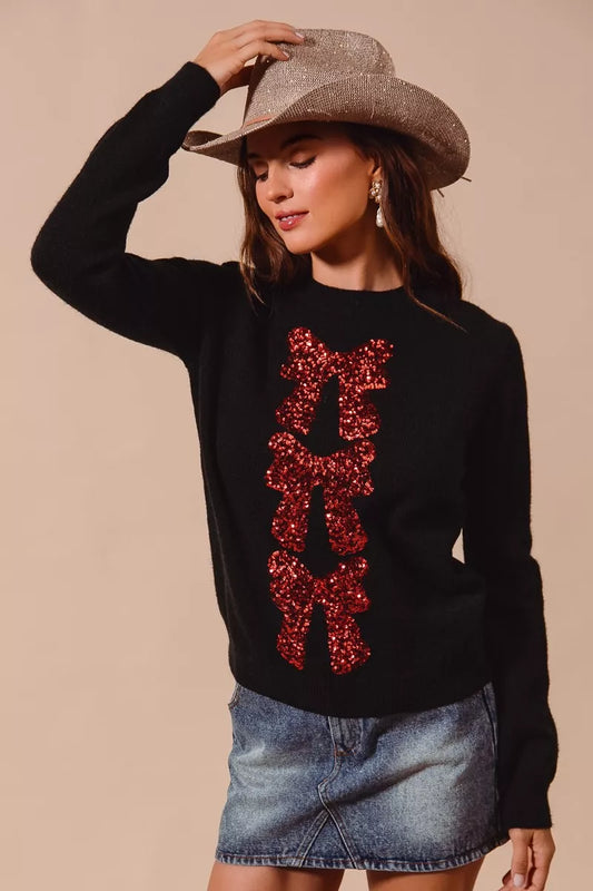 SO ME Sequins Bow Ribbon Embellished Christmas Sweater - Tigbul's Variety Fashion Shop