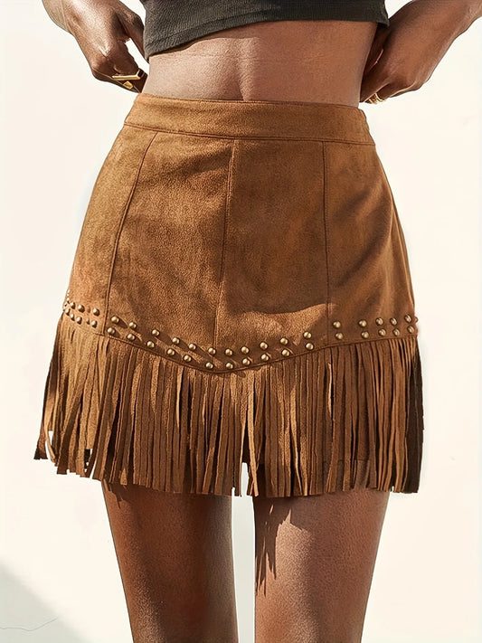 Studded Fringe Mini Skirt - Tigbul's Variety Fashion Shop