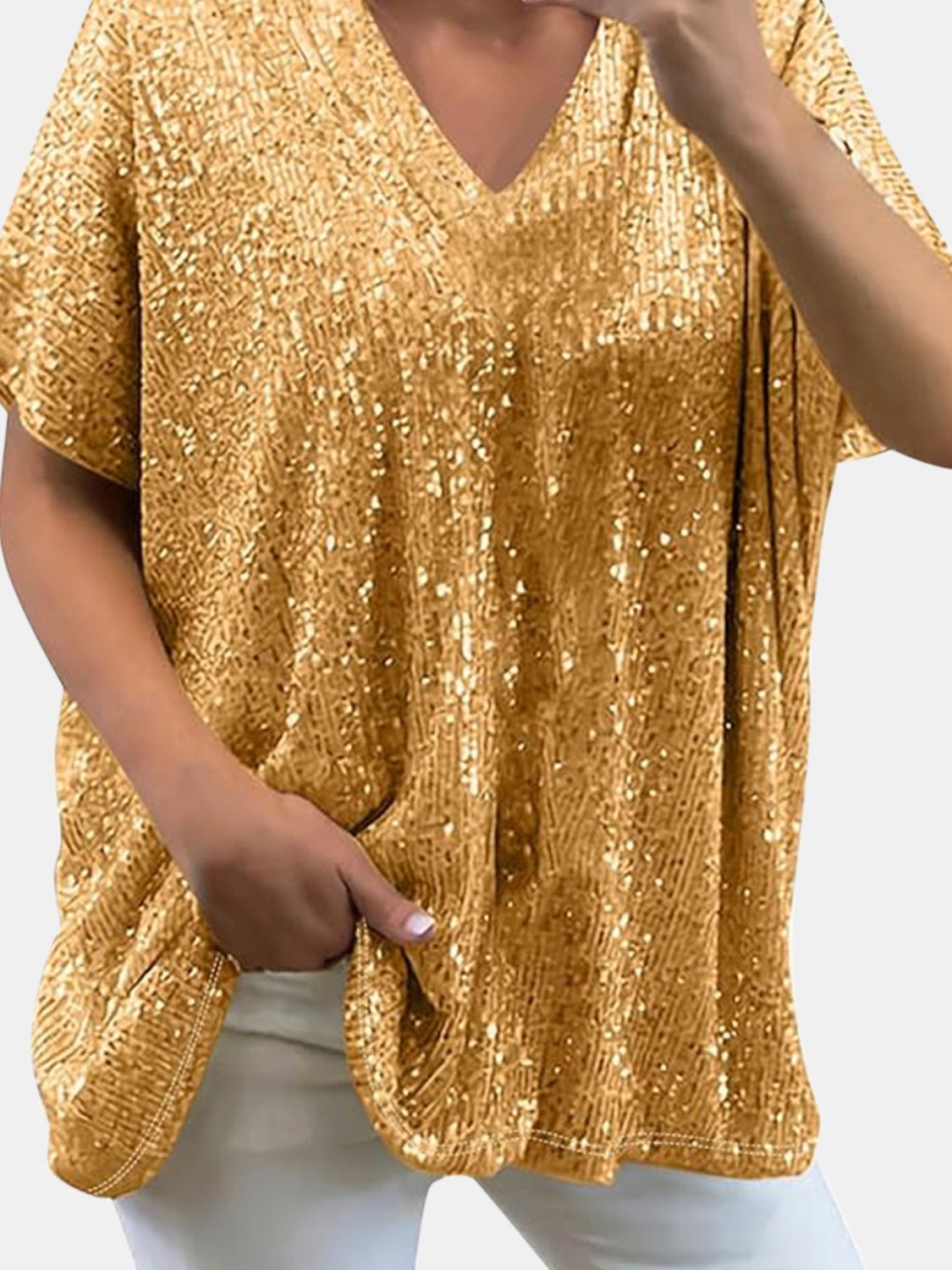 Sequin V-Neck Short Sleeve Top Blouse, Small to 3XL - Tigbul's Variety Fashion Shop