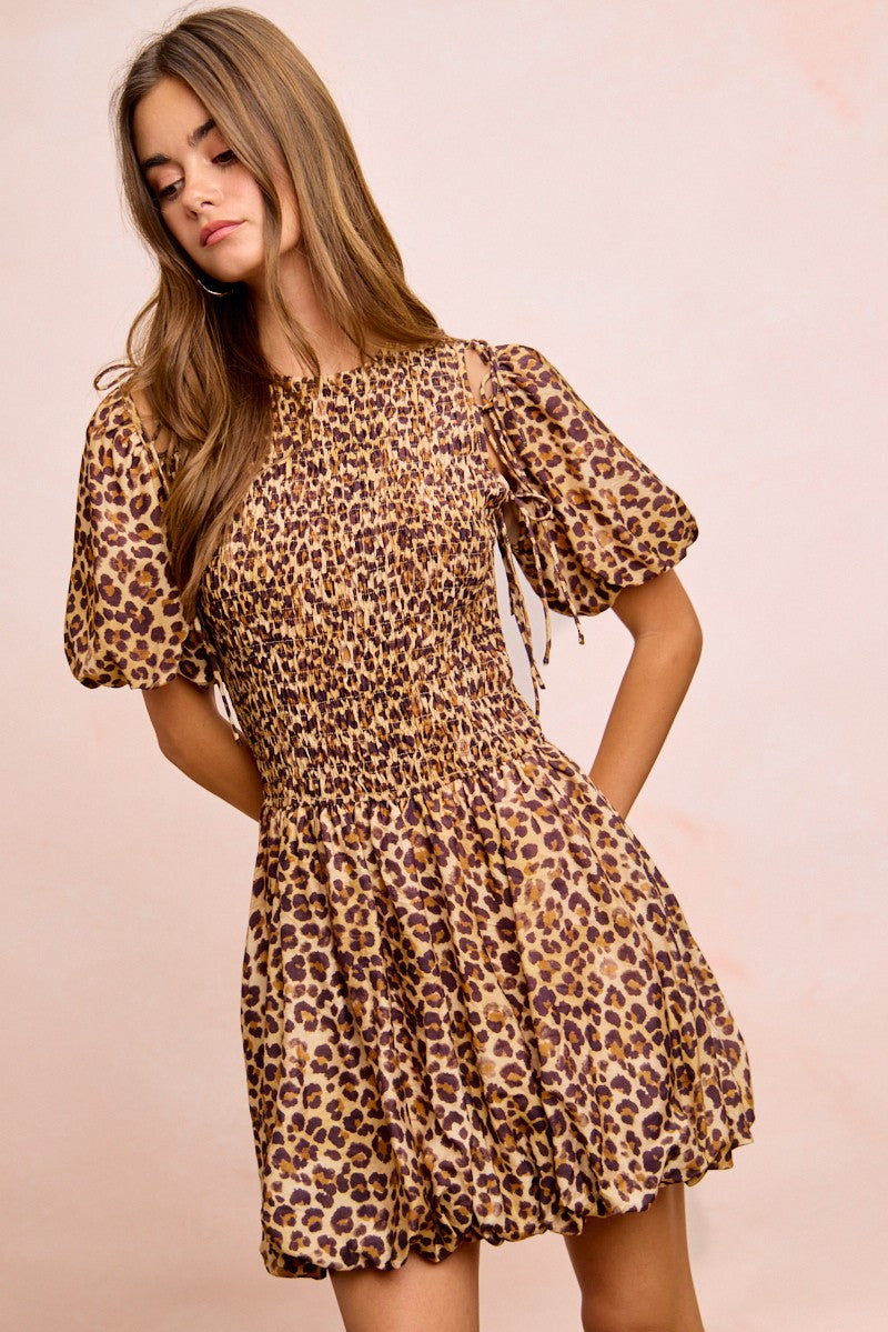 Leopard print smocked puff-sleeve dress, short tiered skirt