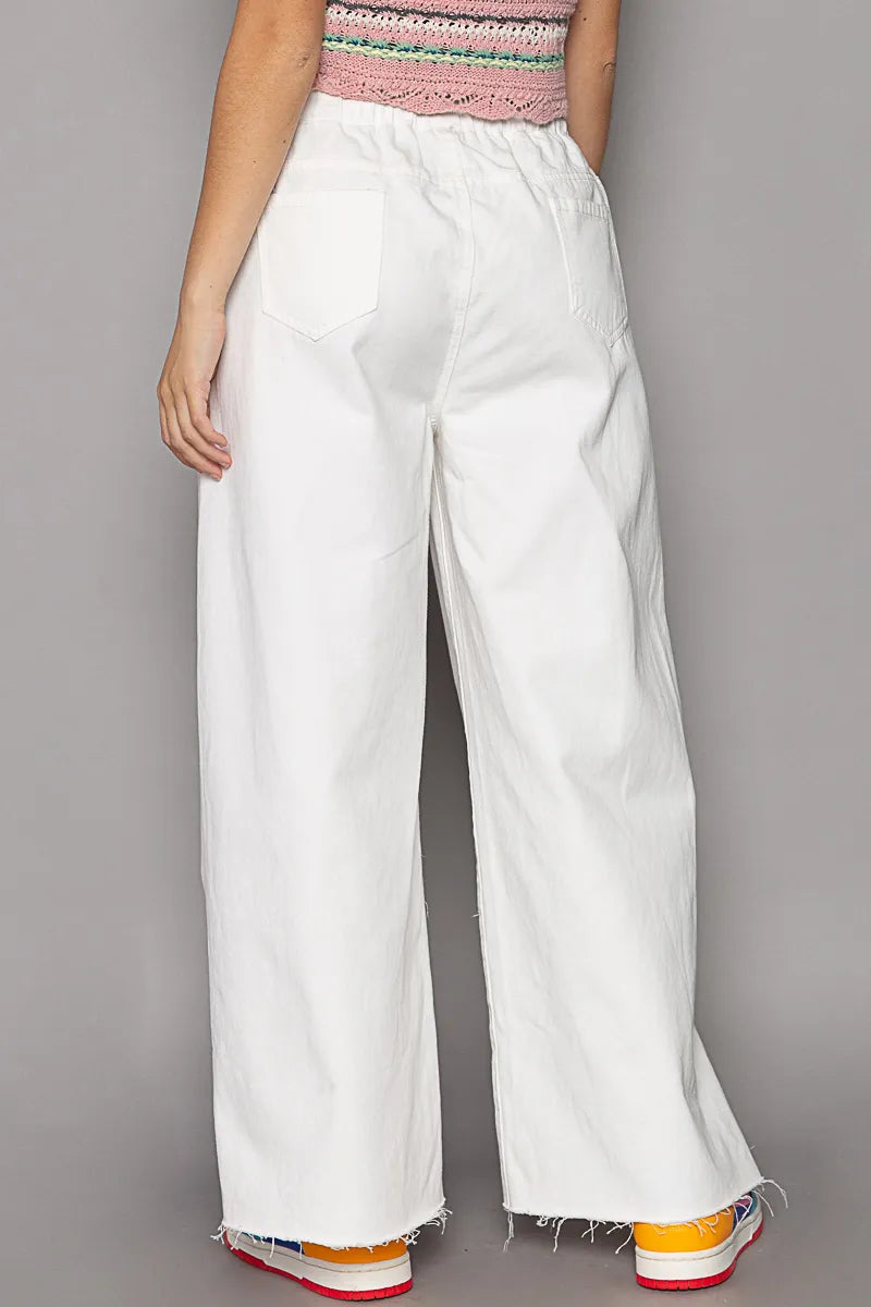 POL Distressed Drawstring Slit Wide leg Pants - Tigbul's Variety Fashion Shop