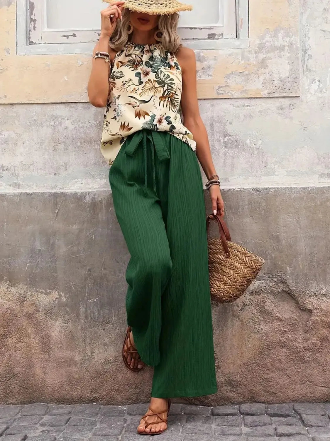 Printed Tank Top and Wide Leg Pants Set - Tigbul's Variety Fashion Shop