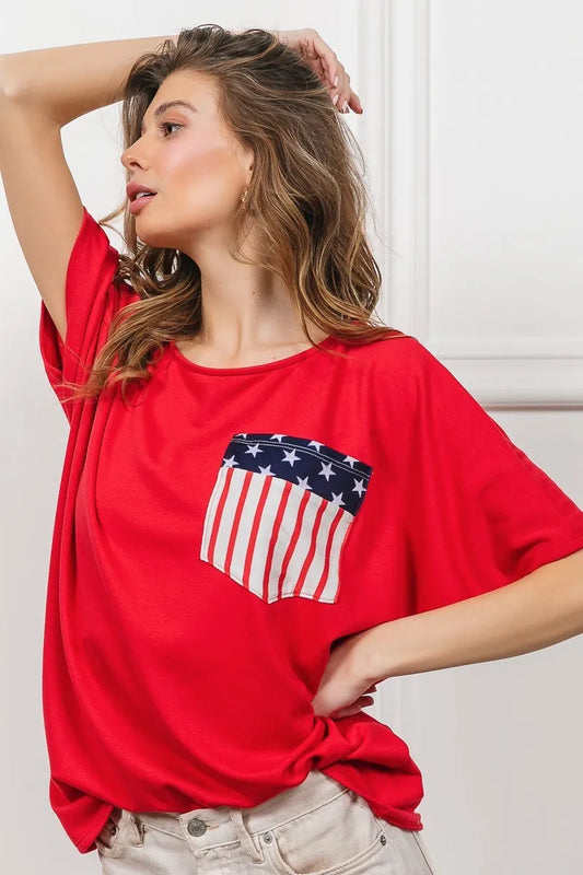 Red French Terry With Front Pocket Dolman Sleeves Top - Tigbul's Variety Fashion Shop