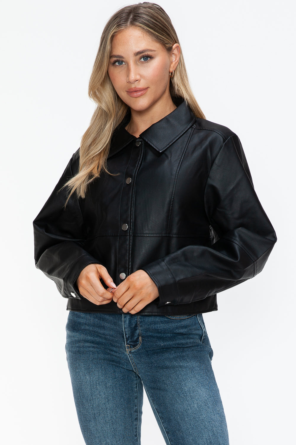 Black Snap Down Long Sleeve PU Leather Jacket