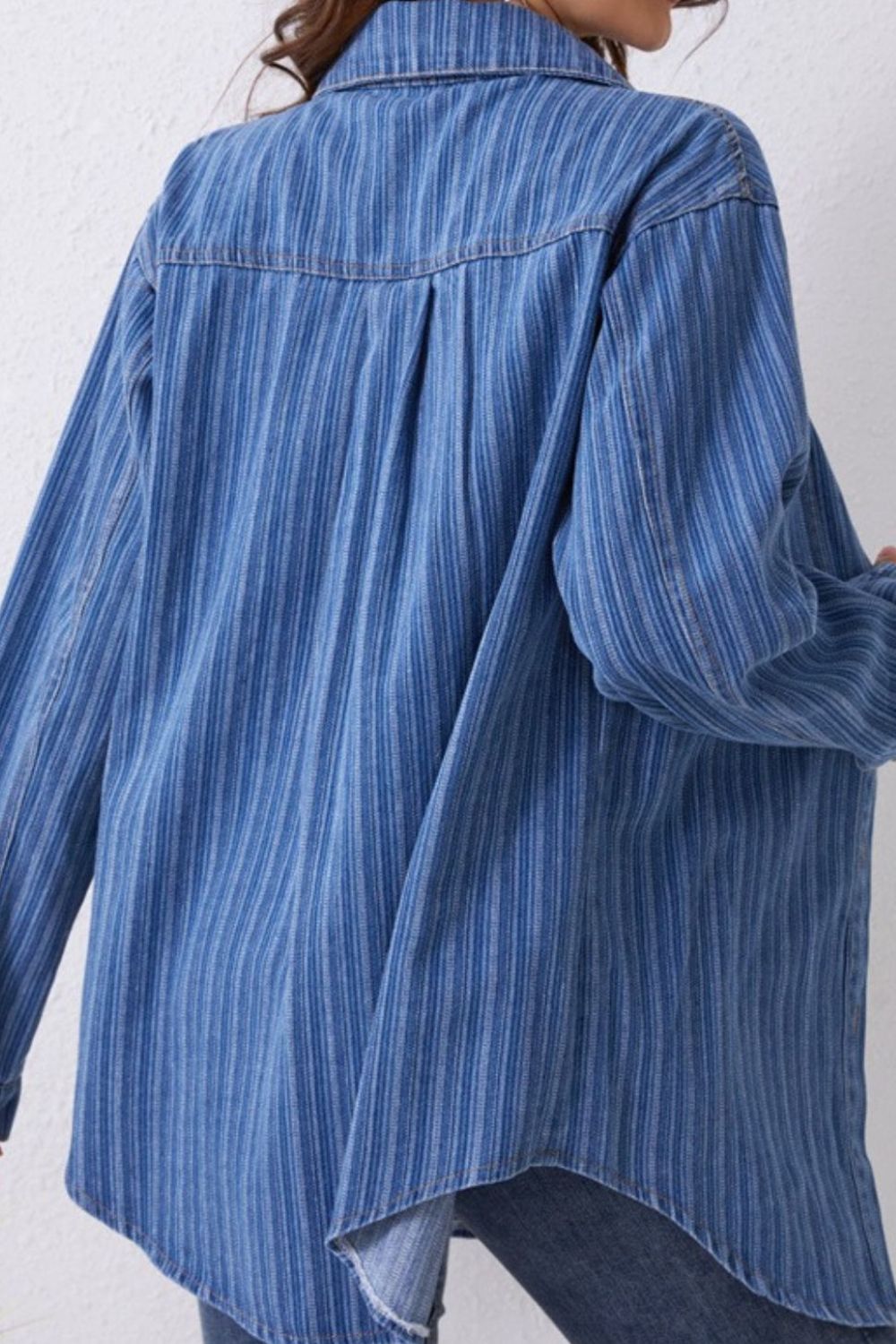 Striped Texture Collared Neck Denim Top - Tigbul's Variety Fashion Shop