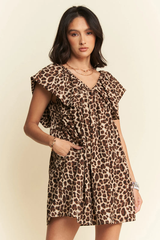 Animal Printed Velvet Ribbon Brown Mini Dress - Tigbul's Variety Fashion Shop