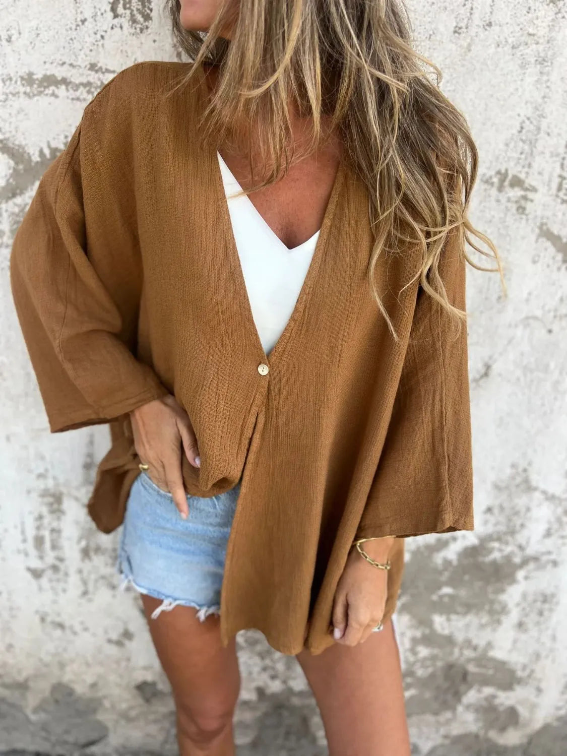 Full Size One Button Long Sleeve Shirt - Tigbul's Variety Fashion Shop