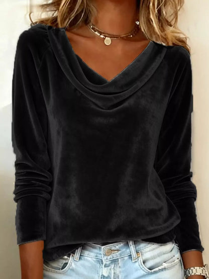 Velvet Cowl Neck Long Sleeve Top - Tigbul's Variety Fashion Shop