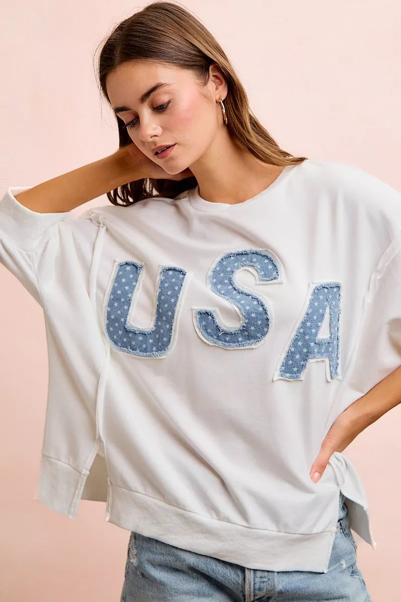 USA Letter Patchwork White French Terry Top Women's | Tigbuls Fashion