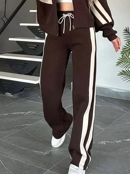 Full Size Contrast Stripe Zip Up Jacket and Pants Set Plus Size - Tigbul's Variety Fashion Shop