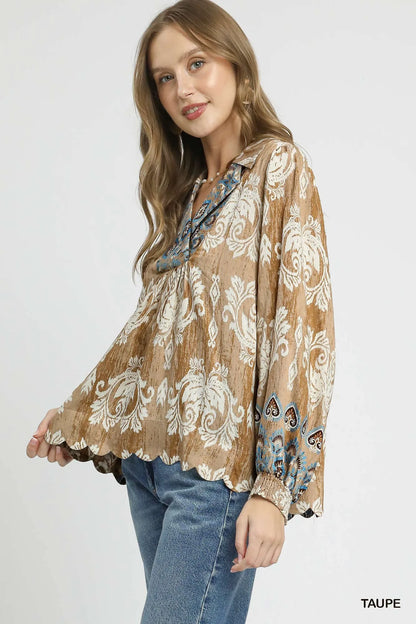 Umgee Floral Boho Blouse with Scalloped Hem - Tigbul's Variety Fashion Shop