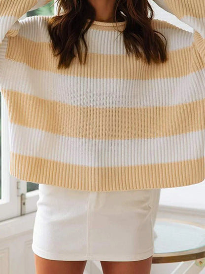 Full Size Contrast Striped Round Neck Sweater Plus Size - Tigbul's Variety Fashion Shop