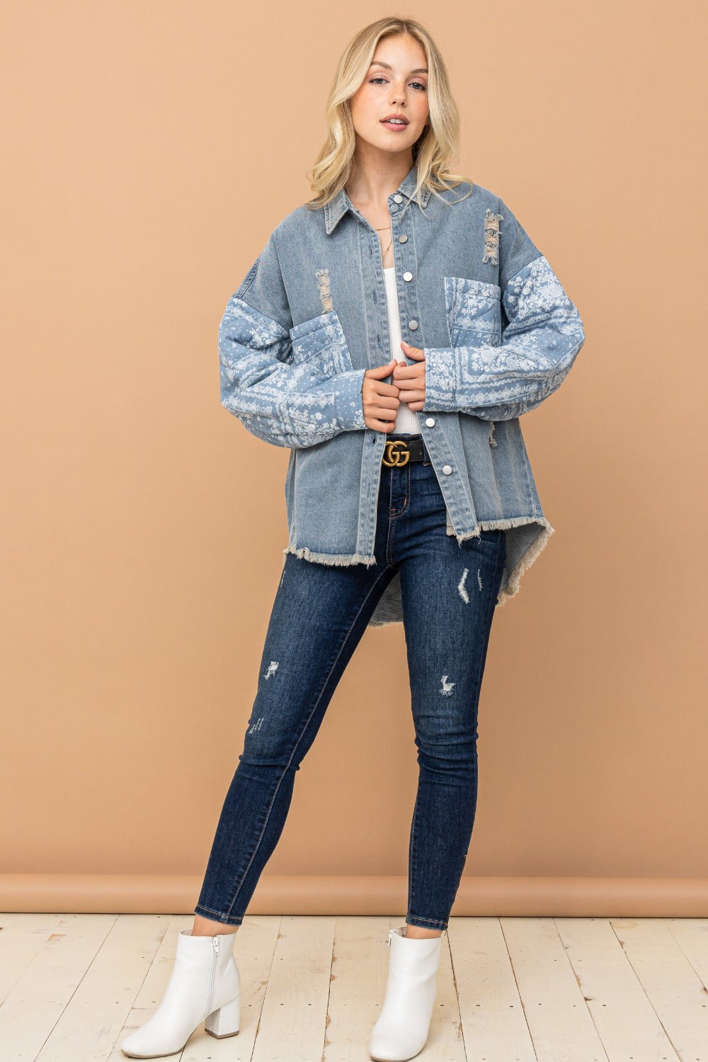 And The Why Full Size Paisley Print Quilted Sleeves Denim Jacket - Tigbul's Variety Fashion Shop