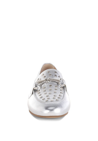 Estafa Horsebit & Studs Metallic Pleather Loafers - Tigbul's Variety Fashion Shop