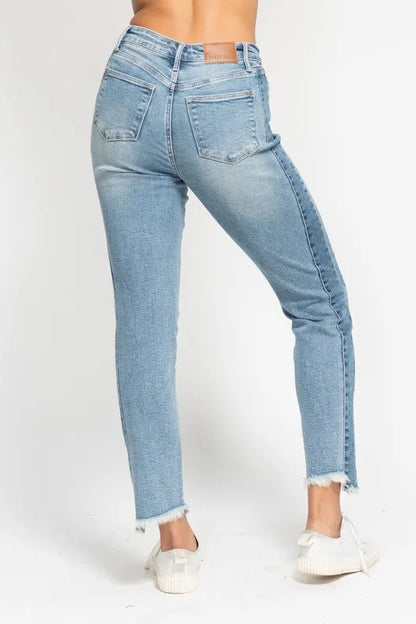 Judy Blue Full Size Vintage Wash Side Panel Detail with Fray Hem Slim Plus Size - Tigbul's Variety Fashion Shop