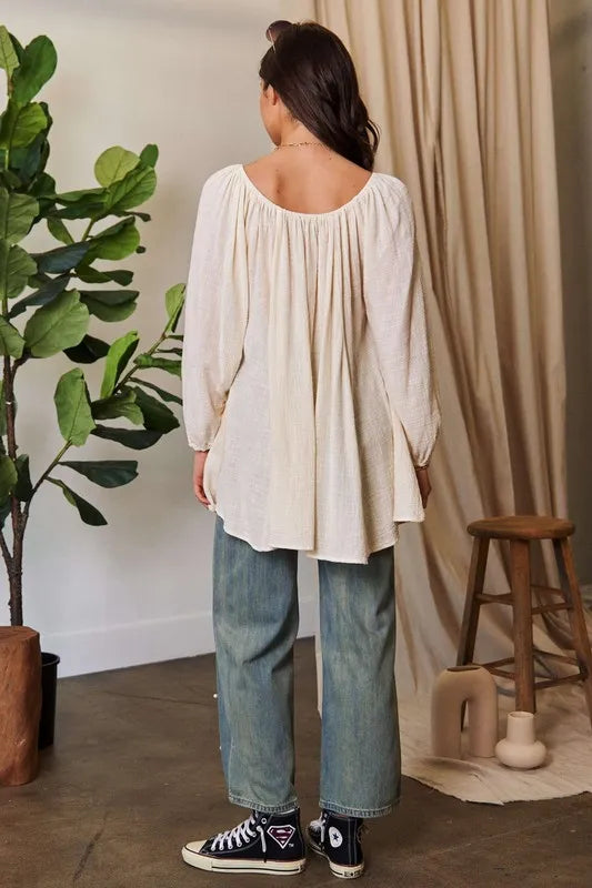 White Crinckled Texture Fabric Round Neck Swing Top - Tigbul's Variety Fashion Shop
