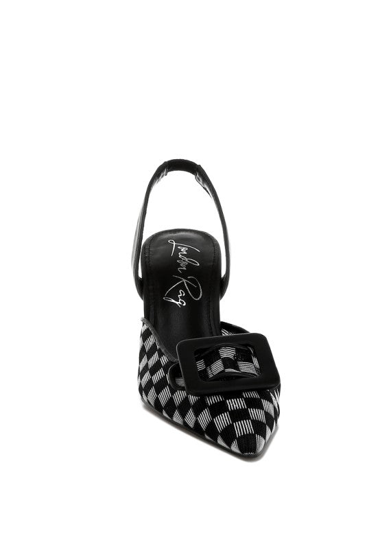Black-and-white checkered mesh pointy stiletto slingback heel, front view