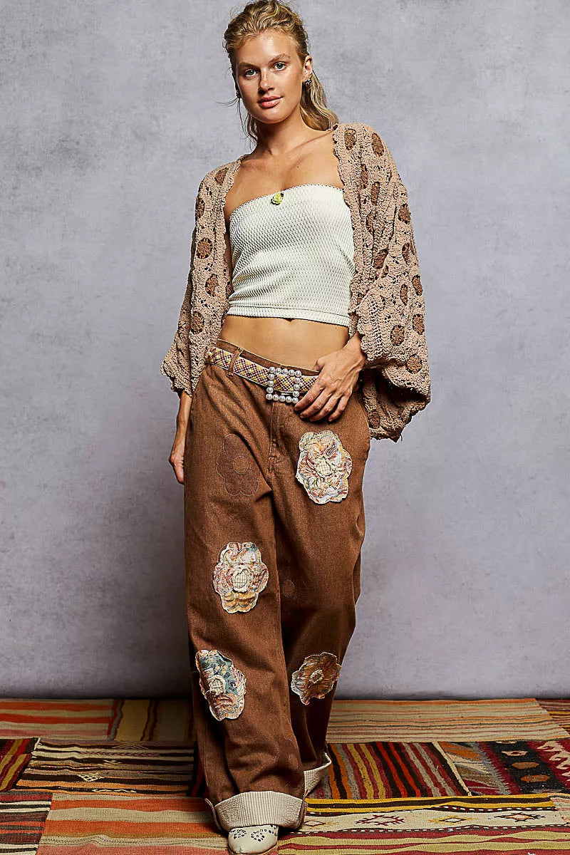 POL Openwork V-Neck Chenille Cardigan with Contrast Floral - Tigbul's Variety Fashion Shop