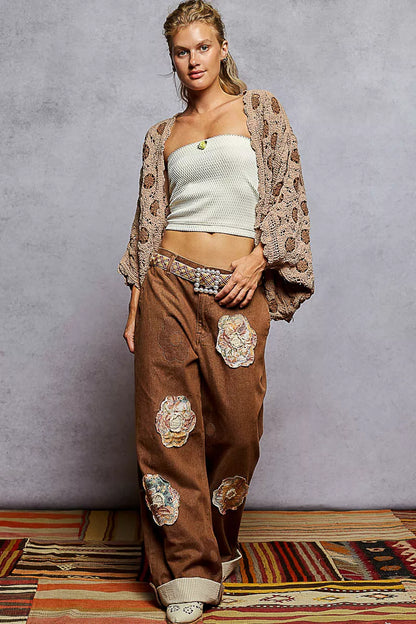 POL Openwork V-Neck Chenille Cardigan with Contrast Floral - Tigbul's Variety Fashion Shop