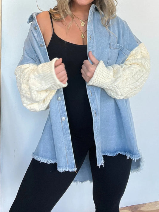 Full Size Raw Hem Button Up Patchwork Denim Jacket Plus Size - Tigbul's Variety Fashion Shop