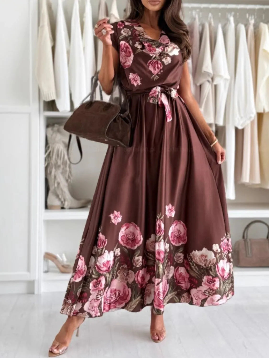 Tie Waist Floral Cap Sleeve Dress - Tigbul's Variety Fashion Shop
