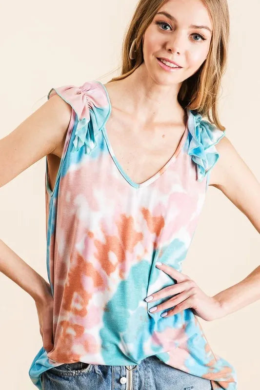 Circular Tie Dye Knit V Neck Top With Ruffle - Tigbul's Variety Fashion Shop