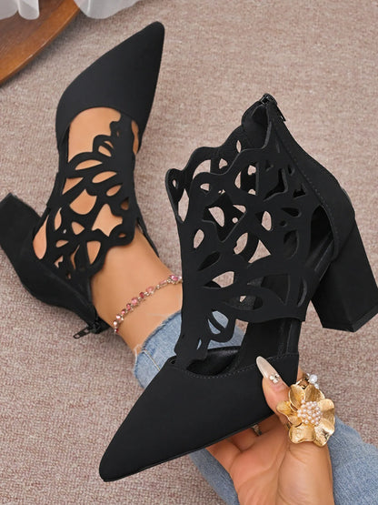 Pointed Toe Cut-Out Block Heel Pumps - Tigbul's Variety Fashion Shop