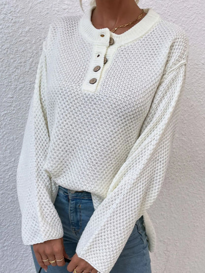 Button Detail Long Sleeve Knit Top - Tigbul's Variety Fashion Shop