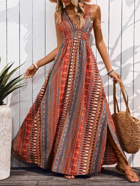 Tied Back Printed Sleeveless Maxi Slit Dress - Tigbul's Variety Fashion Shop