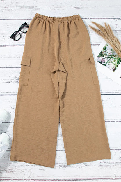 Drawstring Frilled Waist Wide Leg Utility Trousers - Tigbul's Variety Fashion Shop