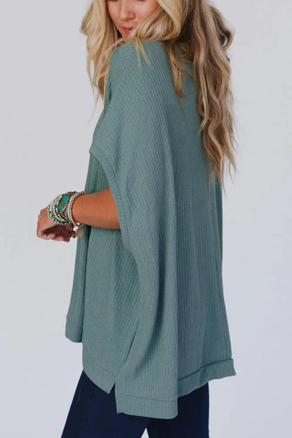 Blue Oversized Ribbed Knit V Neck Dolman Short Sleeve Top - Tigbul's Variety Fashion Shop