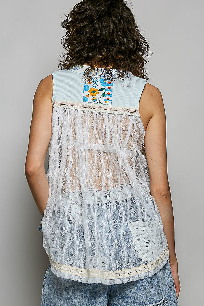 POL Light Blue Floral V-Neck Sheer Tank with Lace Trim | Tigbuls