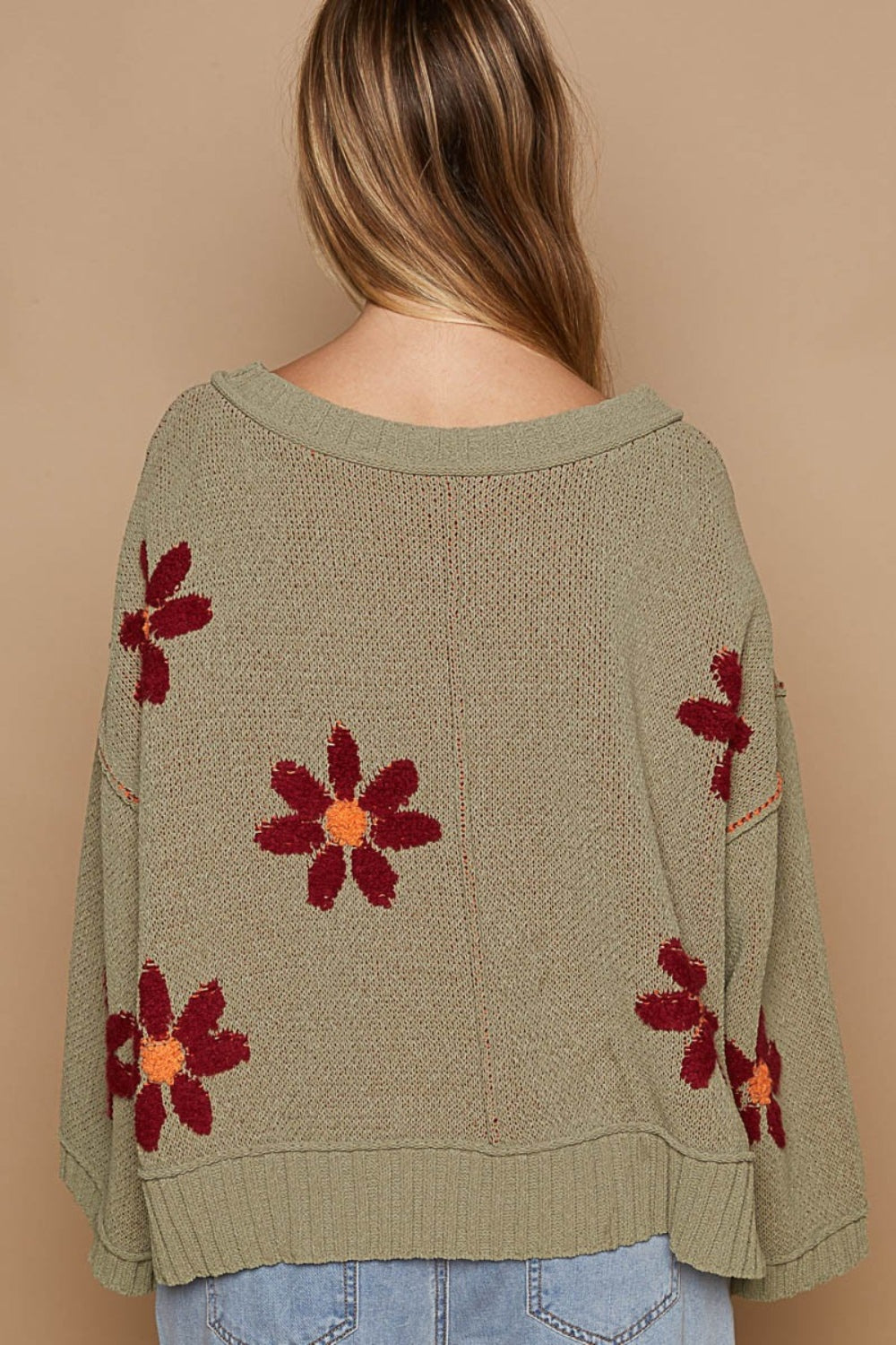 Olive V-Neck Floral Pattern Chenille Sweater - Tigbul's Variety Fashion Shop