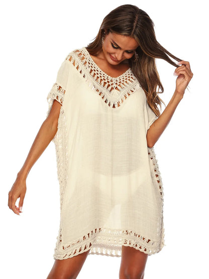 Bohemian Crochet Trim Beach Cover Up Dress - Tigbul's Variety Fashion Shop