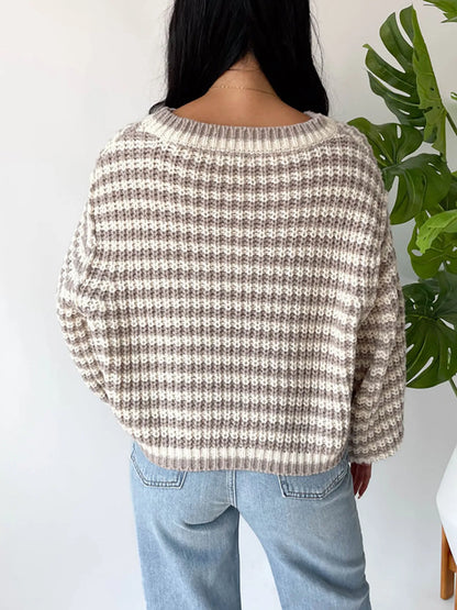 Oversized Striped Drop Shoulder Sweater - Tigbul's Variety Fashion Shop