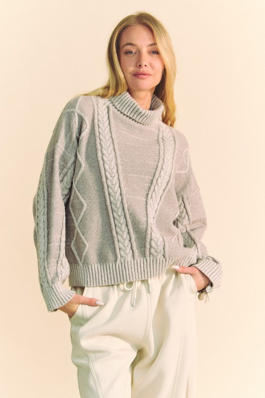 Davi & Dani Cable-Knit Turtleneck Dropped Shoulder Sweater - Tigbul's Variety Fashion Shop