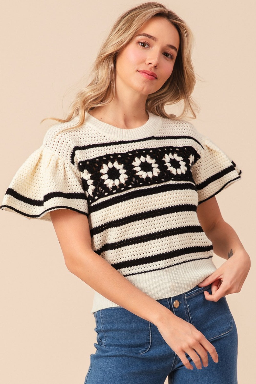 Granny Square Short Sleeve Striped Sweater - Tigbul's Variety Fashion Shop