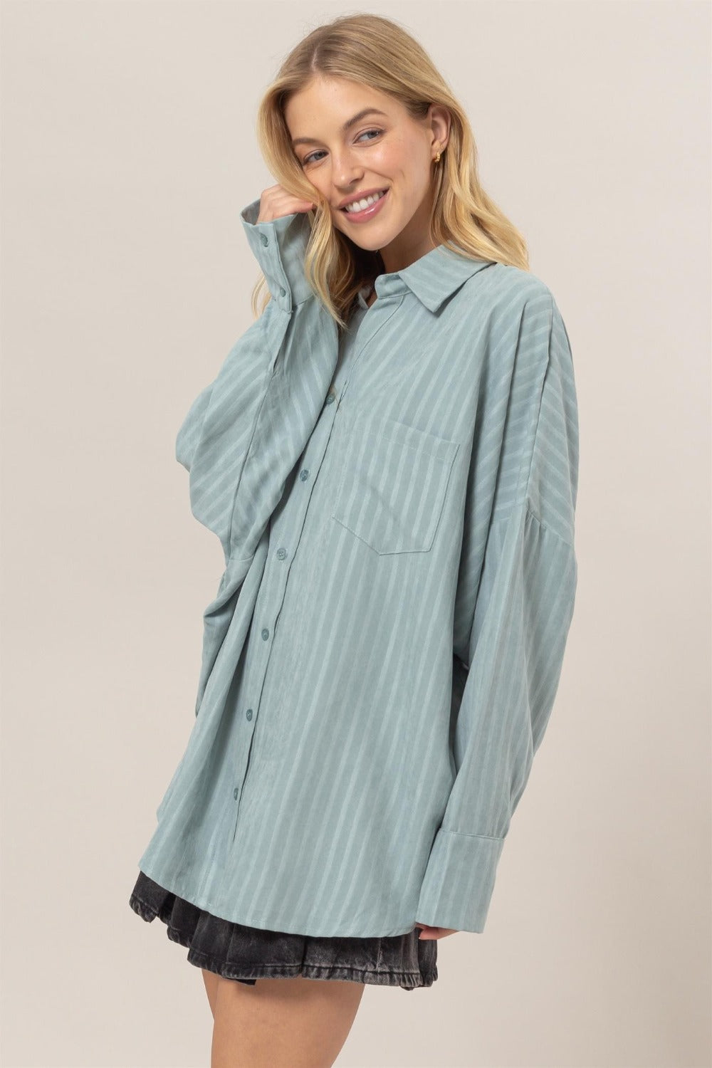 Stripe Button Down Long Sleeve Oversized Shirt - Tigbul's Variety Fashion Shop