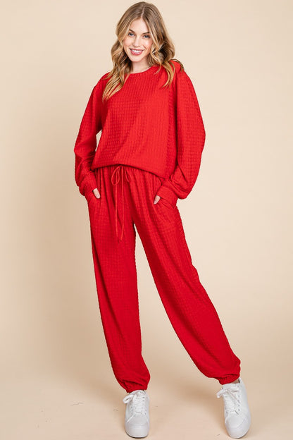 Red Crinkle Check Round Neck Top and Pants Lounge Set - Tigbul's Variety Fashion Shop