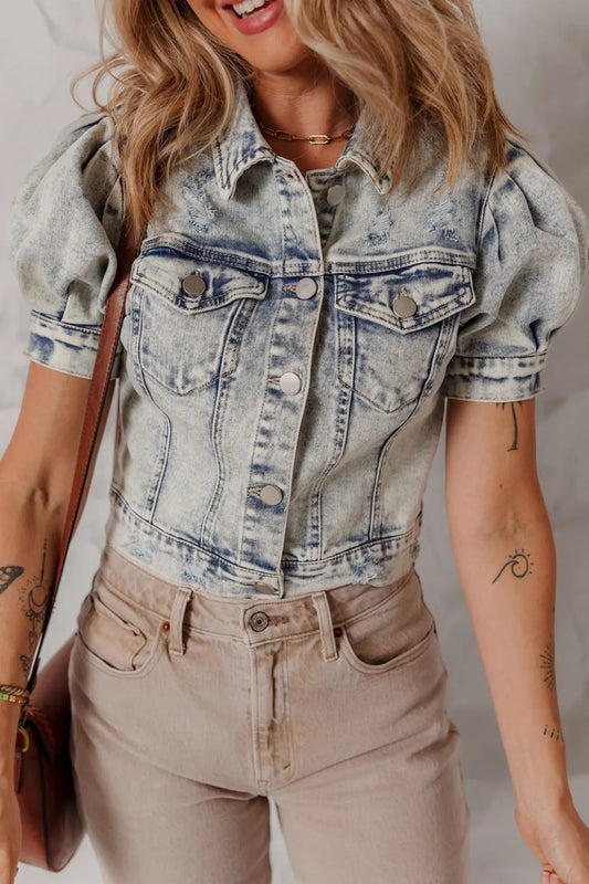 Wash Buttoned Chest Pocket Puff Sleeve Denim Jacket - Tigbul's Variety Fashion Shop