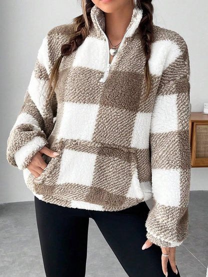 Full Size Plaid Sherpa Long Sleeve Sweatshirt Plus Size - Tigbul's Variety Fashion Shop