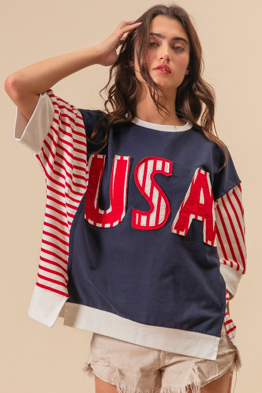 BiBi USA Letter Patchwork Contrast Short Sleeve T-Shirt - Tigbul's Variety Fashion Shop