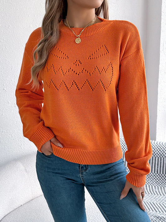 Openwork Round Neck Long Sleeve Sweater - Tigbul's Variety Fashion Shop