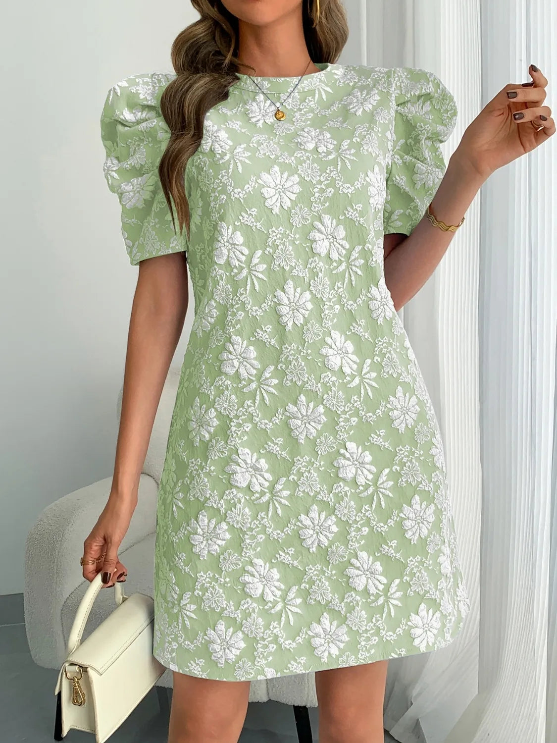 Round Neck Puff Short Sleeve Mini Dress - Tigbul's Variety Fashion Shop