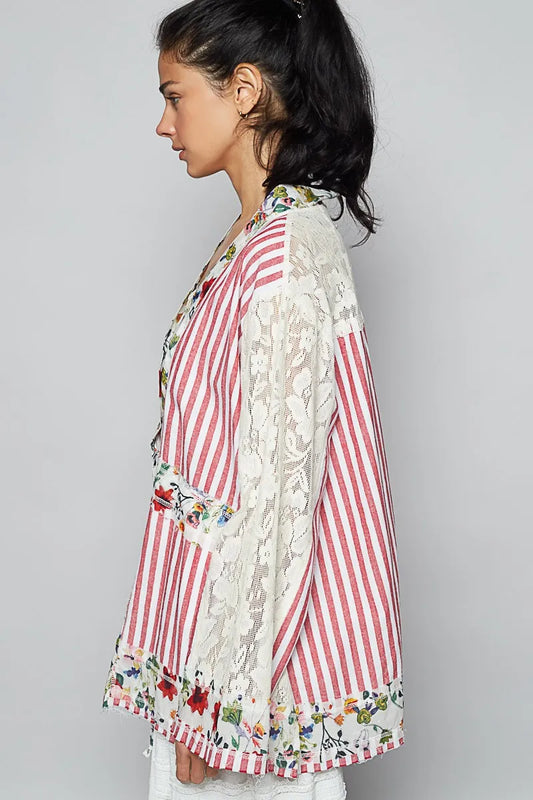 POL Lace Long Sleeve Striped Cardigan with Floral Patchwork Detail - Tigbul's Variety Fashion Shop