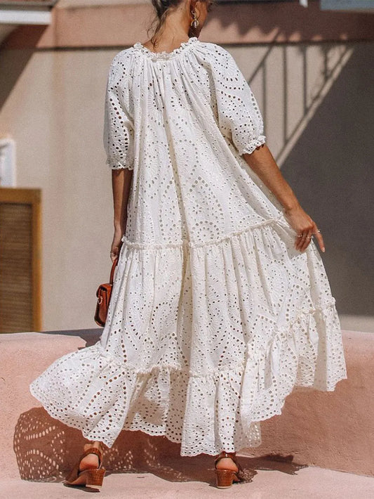 Tie Neck Half Sleeve Tiered Dress - Tigbul's Variety Fashion Shop