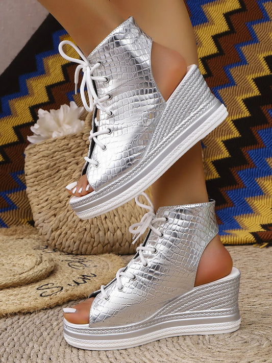 Lace Up Open Toe Wedge Sandals - Tigbul's Variety Fashion Shop